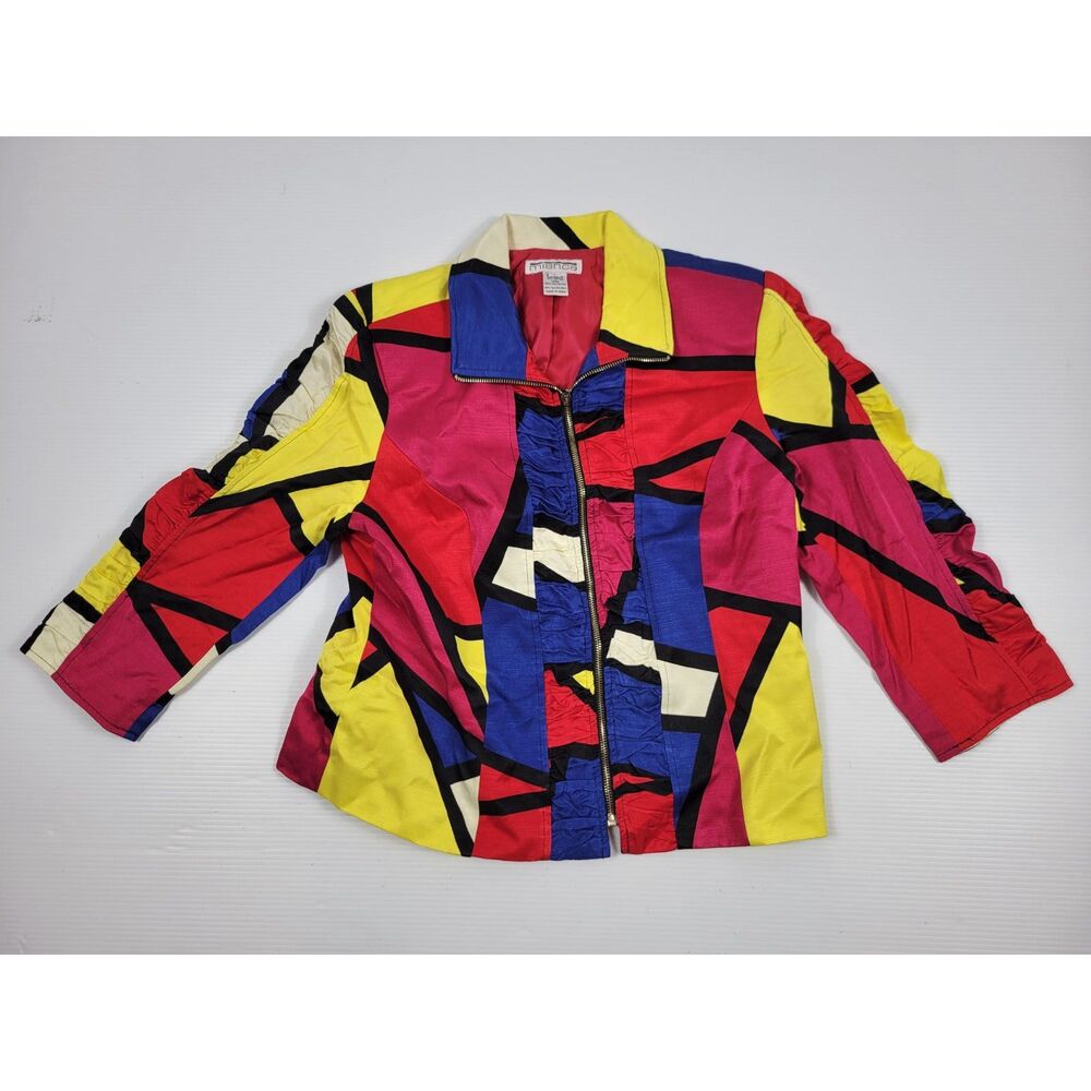 Vintage 90s Y2K Mischa Womens Large Cropped Blazer Jacket Colorblock‎ Geometric